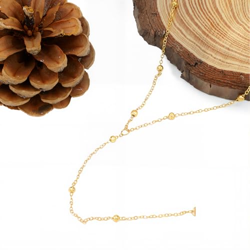 14K Gold Plated Y Necklace for Women – Dainty Lariat Long Pendant Chain, Layered Drop Necklace for V Neck Dress, Simple Sexy Cleavage Jewelry Gifts for Women - color: Gold - Single Layer - Bead