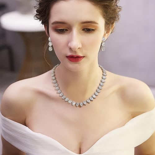 EleQueen Women's Silver-Tone Full Prong Cubic Zirconia Teardrop Bridal Necklace Earrings Set - color: 02-Clear