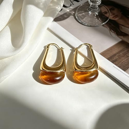 Acrylic Gold Hoop Earrings Chunky Hoop Dangle Drop Huggie Earring Statement Resin Jewelry for Women - color: Brown