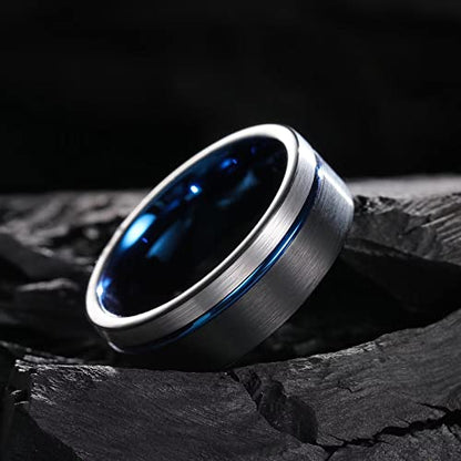 King Will Mens Tungsten Carbide Wedding Band with Groove Design | 6/7/8mm Width, Grooved, Comfort Fit, Everyday Wear - color: Blue&Black-8mm