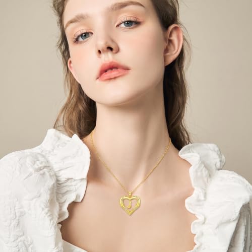 Midari 18K Gold Initial Letter Necklace for Women 18K Gold Initial Heart Capital Monogram Necklace for Mom Wife Alphabets from A-Z - color: J