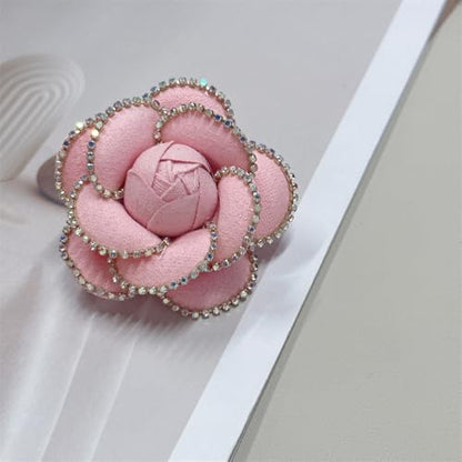 Dainty Crystal Camellia Flower Brooch Pin for Women Rhinestone Fabric 3D Floral Blossom Brooches Lapel Hair Pins Elegant Wedding Anniversary Dress Accessories Jewelry Gift 6.5cm/2.5in - color: Pink