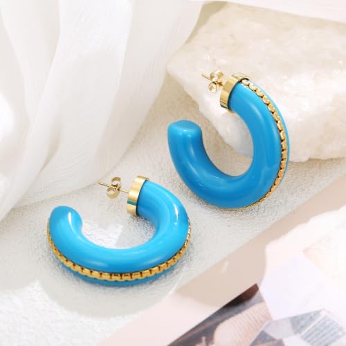 Gold Plated Resin Chunky Hoop Earrings Hypoallergenic Push Back Hoops for Sensitive Ears - color: Sky Blue