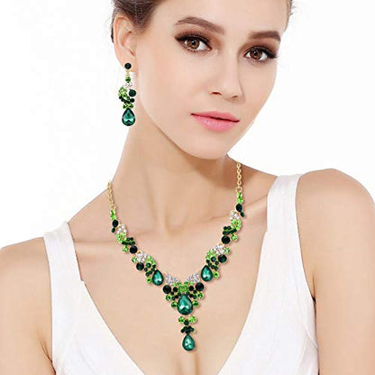 EVER FAITH Rhinestone Crystal Bridal Floral Wave Teardrop Necklace Earrings Set - color: 2pcs_Green
