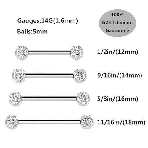 14G Nipple Rings Titanium Nipple Jewelry for Women Bridge Piercings | 1 Pair Nipple Bars,Hypoallergenic Nipple Barbells,Internally Threaded Nipple Piercings,Tongue Rings,Straight Barbells - color: Styele5:Clear CZ,Silver, size: 14G+1/2"(12mm)