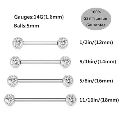 14G Nipple Rings Titanium Nipple Jewelry for Women Bridge Piercings | 1 Pair Nipple Bars,Hypoallergenic Nipple Barbells,Internally Threaded Nipple Piercings,Tongue Rings,Straight Barbells - color: Styele5:Clear CZ,Silver, size: 14G+1/2"(12mm)