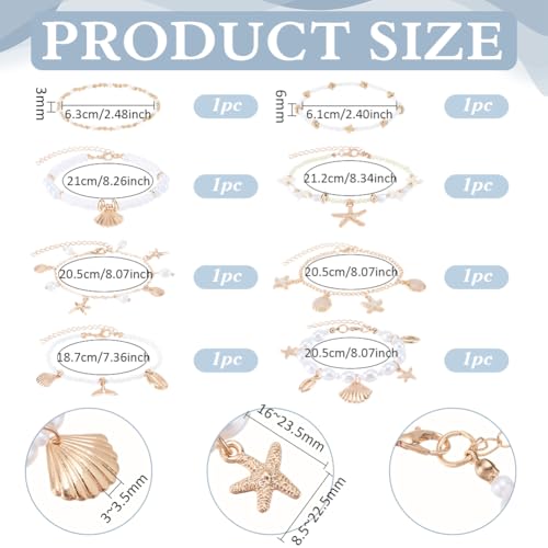 PH PandaHall 8pcs Ocean Themed Anklets for Women, Hawaiian Starfish Shell Charm Beaded Anklets Adjustable Seashell Ankle Bracelets for Beach Vacation Summer Jewelry Outfits Accessories