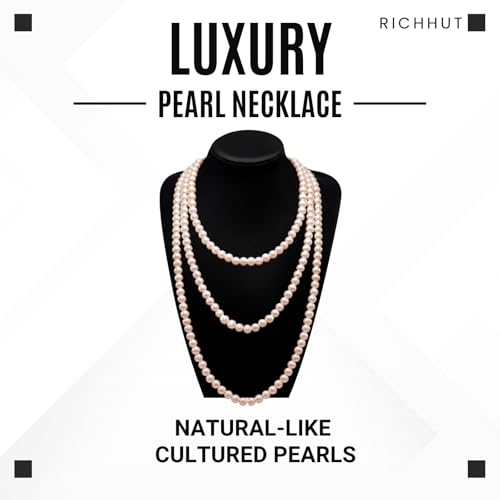 Women's Long Pearl Necklace - Natural Cultured Pearls - Luxurious 8mm Strand Pearls - 1920s Timeless Elegance - Great for Wives, Girlfriends, Sisters, and Besties - Length 60In/71In - color: Champagne Gold, size: 60In