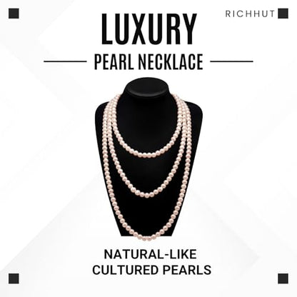 Women's Long Pearl Necklace - Natural Cultured Pearls - Luxurious 8mm Strand Pearls - 1920s Timeless Elegance - Great for Wives, Girlfriends, Sisters, and Besties - Length 60In/71In - color: Champagne Gold, size: 60In