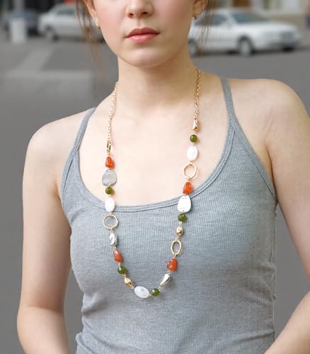 Long Gold Boho Necklaces for Women Beaded Statement Chain Long Necklace Gold Costume Jewelry Birthday Gifts for Her - color: 93-Brown Green