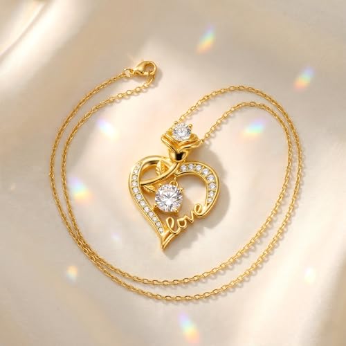 KQ&TTENG Heart Necklaces for Women 14K Gold Plating Hearts Necklace CZ Romantic Rose Pendant Mothers Day Anniversary Birthday Gift for Wife Mom Her - style: 15-Rose LOVE Necklace