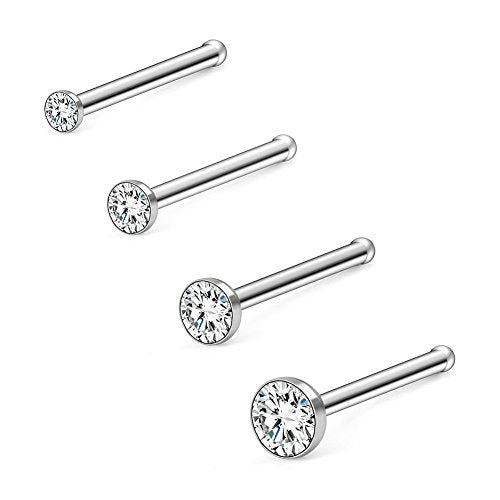 18G Nose Bone Studs Rings Pin Piercing Jewelry 1.5mm-4mm Clear Diamond CZ Ball Flat Heart Opal 4-23PCS - color: 4PCS - Silver