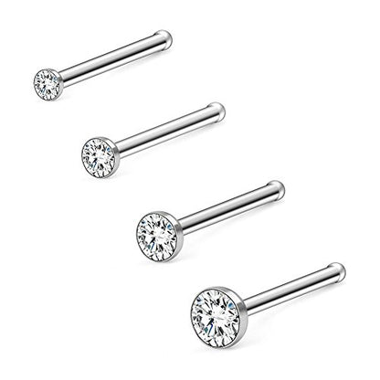 18G Nose Bone Studs Rings Pin Piercing Jewelry 1.5mm-4mm Clear Diamond CZ Ball Flat Heart Opal 4-23PCS - color: 4PCS - Silver
