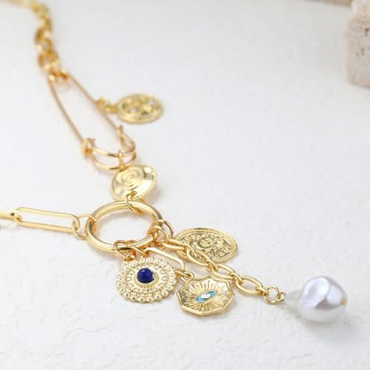 Charm Necklace for Women Gold Evil Eye Sun Moon Flower Coin Pendant Necklace Dainty Paperclip Chain Vintage Luck Amulet Choker Necklaces Celestial Jewelry Gift - style: Evil Eye,Pearl,Blue Bead