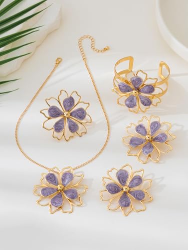 Gold Flower Jewelry Set For Women, 5 Pcs Chunky Golden Floral Pendant Necklace Bracelet Earrings Ring Set Statement Flower Jewelry Gifts For Beach Wedding - color: 5pcs-Purple