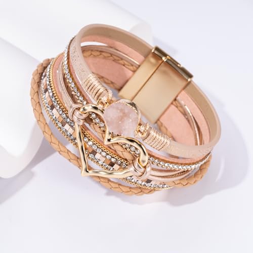 Boho Leather Wrap Bracelets Beaded Stackable Cuff Bracelet Country Concert Outfits Cowboy Cowgirl Western Jewelry Gifts for Women - color: Heart-Rose Gold