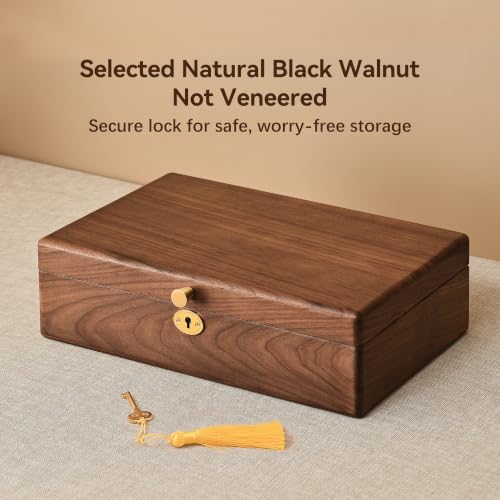Black Walnut Wooden Lockable Jewelry Box, 2 Layer Large Wood Jewelry Organizer with Removable Tray for Necklace Ring Earrings Watch Bracelet, Handcrafted Velvet Lined Case Gifts for Mom Women Girls - color: 2 Layer Large Lockable