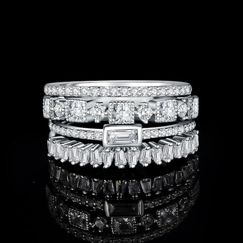 JewelryPalace Princess Emerald Cut CZ Stackable Wedding Ring Eternity Bands for Women, Cubic Zirconia 925 Sterling Silver 14k Yellow Rose Gold Plated Promise Ring for Her, 4pc Anniversary Ring Sets - color: D-4Pcs-Sterling Silver