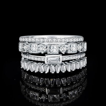 JewelryPalace Princess Emerald Cut CZ Stackable Wedding Ring Eternity Bands for Women, Cubic Zirconia 925 Sterling Silver 14k Yellow Rose Gold Plated Promise Ring for Her, 4pc Anniversary Ring Sets - color: D-4Pcs-Sterling Silver