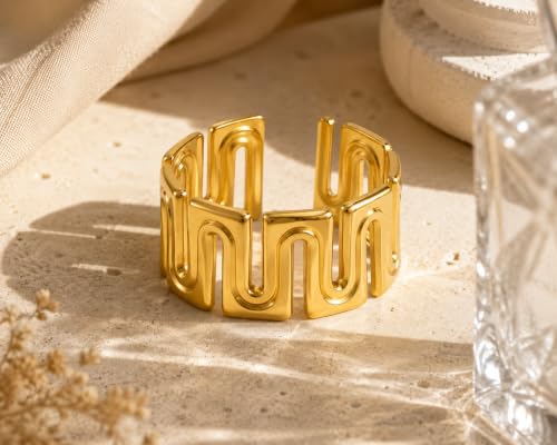 Gold Open Ring Stainless Steel Geometric Wide Band Adjustable Statement Ring for Women Daily Party Jewelry - color: B0104-Golden