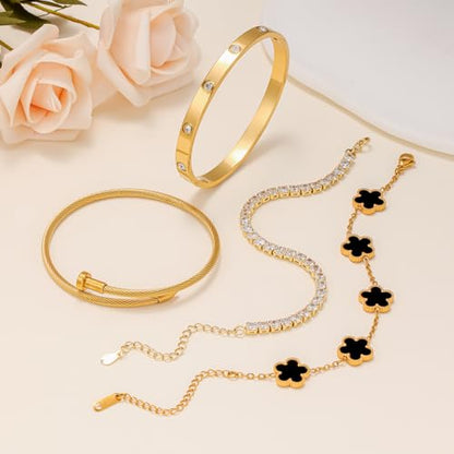 Gold Bracelets for Women, 18K Gold Plated Women Tennis Bracelets Clover Nail Love Bangle Bracelet Set, Gold Bracelet Stackable Set Trendy Jewelry, Gifts for Women's Day and Mother's Day - color: 03-Color-black