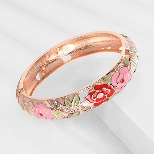 UJOY Cloisonne Bangle Colorful Enamel Filigree Rose Flower Hollowed Crystal Bracelet for Women Gifts 88A09 - color: C06-2 Pcs Set/Rose-White