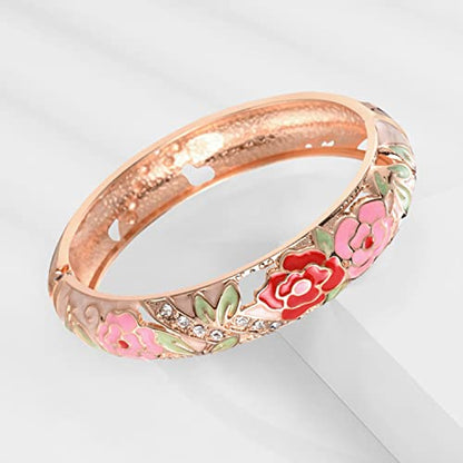UJOY Cloisonne Bangle Colorful Enamel Filigree Rose Flower Hollowed Crystal Bracelet for Women Gifts 88A09 - color: C06-2 Pcs Set/Rose-White
