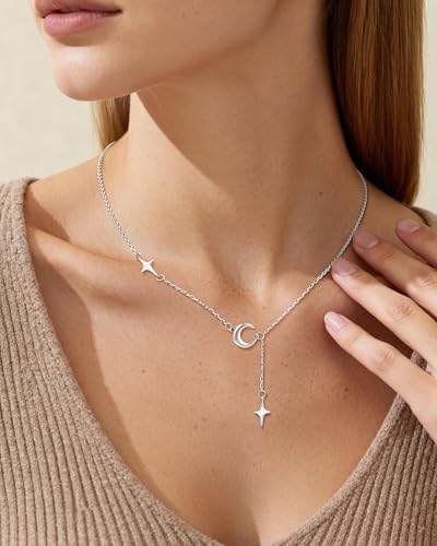White Gold Matte Moon Star Tassel Y-Necklace Adjustable Pendant Necklace for Women Celestial Jewelry Gift for Her