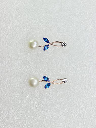 Faship Genuine Freshwater Pearls Floral Necklace Earrings Set | Premium CZ Crystal, Gorgeous, Sparkling - color: Blue / Rose Gold Plated