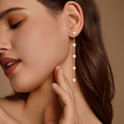 Pearl Earrings for Women 14k Gold/Silver Pearl Drop Earrings Long White Pearl Tassel Dangle Statement Earrings Bridal Wedding Dainty Prom Earrings Birthday Gifts Jewelry - color: 6MM Gold Pearl Drop Earrings