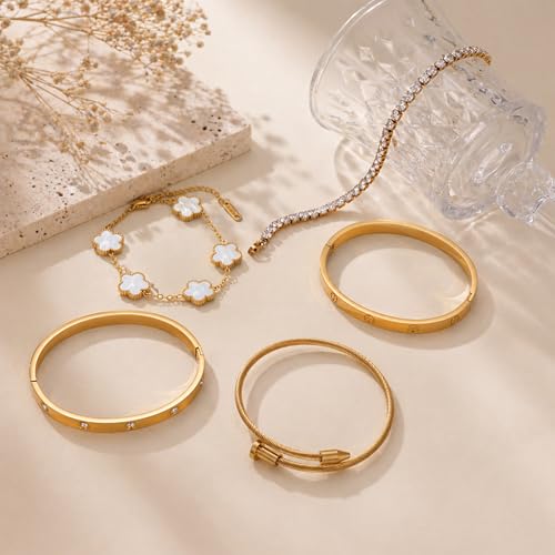 18K Gold Plated Love Bangle Bracelet Stack for Women, Adjustable Clover Bracelet & CZ Tennis Chain Set, Stackable Layered Jewelry, Fade Resistant, Long-Lasting Luster for Daily Wear & Gift - color: 5Pcs Gold White