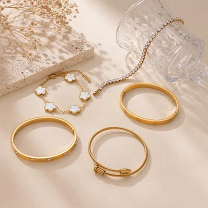 18K Gold Plated Love Bangle Bracelet Stack for Women, Adjustable Clover Bracelet & CZ Tennis Chain Set, Stackable Layered Jewelry, Fade Resistant, Long-Lasting Luster for Daily Wear & Gift - color: 5Pcs Gold White