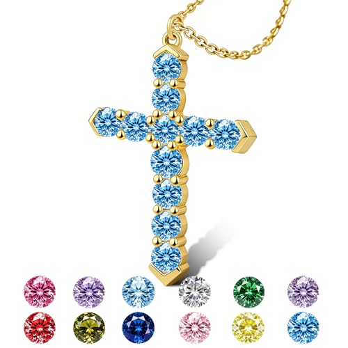 Cross Necklace for Women, Silver Cross Pendant Necklaces | 14K Gold Plated, Dainty CZ Cross Necklace, Non Tarnish and Hypoallergenic Jewelry for Women, Christian Religious Faith Gifts - color: 05-Gold-Blue