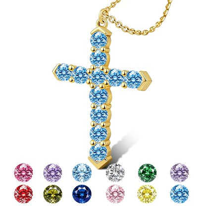 Cross Necklace for Women, Silver Cross Pendant Necklaces | 14K Gold Plated, Dainty CZ Cross Necklace, Non Tarnish and Hypoallergenic Jewelry for Women, Christian Religious Faith Gifts - color: 05-Gold-Blue