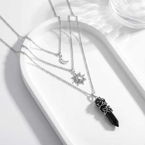 Gothic Emo Grunge Crescent Moon Layered Choker for Women | Boho Moon Sun Star Crystal Pendant Necklace, Punk Witchy Halloween Christmas Jewelry Accessories Gifts - color: Black