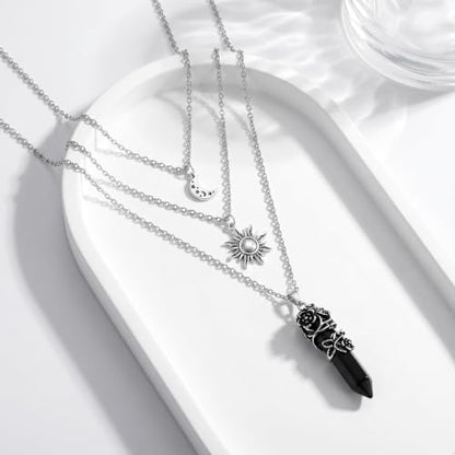 Gothic Emo Grunge Crescent Moon Layered Choker for Women | Boho Moon Sun Star Crystal Pendant Necklace, Punk Witchy Halloween Christmas Jewelry Accessories Gifts - color: Black