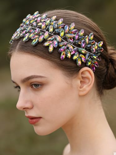 Missgrace Women Silver Green Black Red Blue Handmade Full Crystal Rhinestone Large Headband Hair Vine Shinny Headpiece Bridal Wedding Hair Accessories for Women (Iridescent Color) - color: Iridescent Color