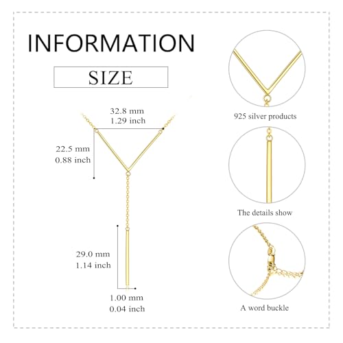 Hancock Sterling Silver Long Bar Necklace Y Shape Necklace for Women Gold Plated Drop Lariat Chain Necklace Minimalist Jewelry