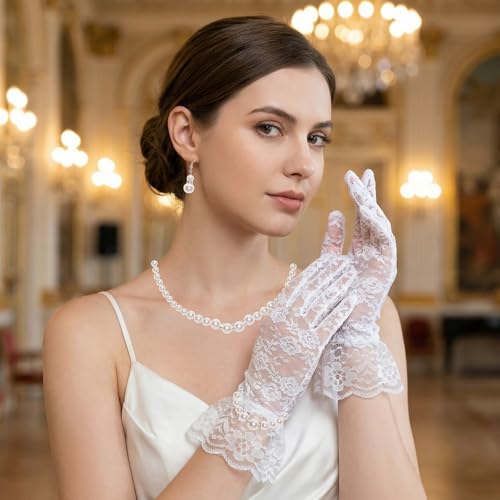 Avxdbr 4 Pieces Pearl Jewelry Lace Gloves Set for Women Girls | Petite Fit Faux Pearl Necklace Adjustable Chain Earrings Stretch Bracelet Lace Gloves for Wedding Tea Party Prom Formal