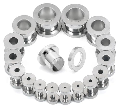 14G-00G Double Flare Screw On Gauges Tunnels Plugs Stretching Set Kit 316L Surgical Steel Gauges Tunnel Plug for Ears Size 16G 12G 10G 8G 6G 4G 2G 0G 00G Women Men - color: Silver Tone-14G-00G