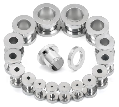 14G-00G Double Flare Screw On Gauges Tunnels Plugs Stretching Set Kit 316L Surgical Steel Gauges Tunnel Plug for Ears Size 16G 12G 10G 8G 6G 4G 2G 0G 00G Women Men - color: Silver Tone-14G-00G