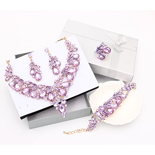 Jewelry Set for Women, Statement Necklace Dangle Earrings Bracelet Ring, White/KC Gold Plated Jewelry Set with Rhinestone Pearl Crystal Wedding Party Jewelry for Bridal Bridesmaid - color: Purple-Gold Plated