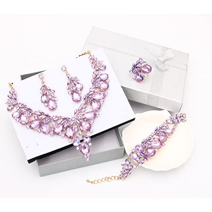 Jewelry Set for Women, Statement Necklace Dangle Earrings Bracelet Ring, White/KC Gold Plated Jewelry Set with Rhinestone Pearl Crystal Wedding Party Jewelry for Bridal Bridesmaid - color: Purple-Gold Plated