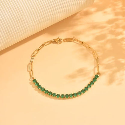18K Gold Plated Tennis Bracelets for Women, Adjustable Cubic Zirconia Bracelet with Multi-color 4mm CZ Diamond Paperclip Chain, Dainty Trendy Birthday Bridal Jewelry Gifts for Women Daily Party Wear - color: Green