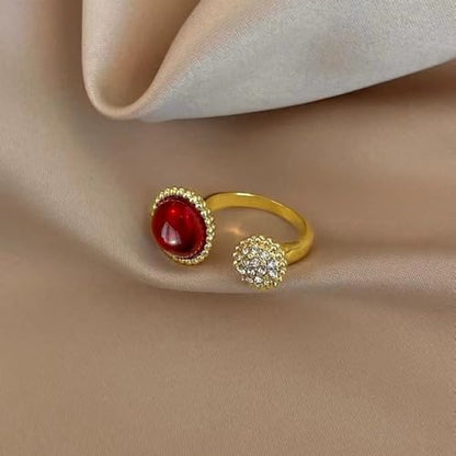 Round Red and Crystal Stone Statement Ring for Women Gold Plated Adjustable Expandable Retro CZ Open Wrap Finger Rings Comfort Fit Vintage Boho Wedding Christmas Anniversary Jewelry