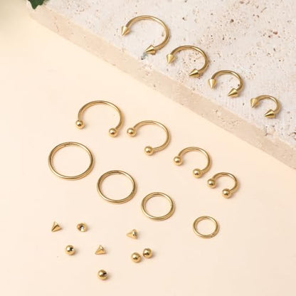 SynHHergyx 16G Gold Septum Rings Hinged Clicker Segment Gold Septum Jewelry Horseshoe Nose Ring Stainless Steel Nose Horseshoe Hoop Earring Eyebrow Lip Helix Tragus Piercing Ring 12 Pcs
