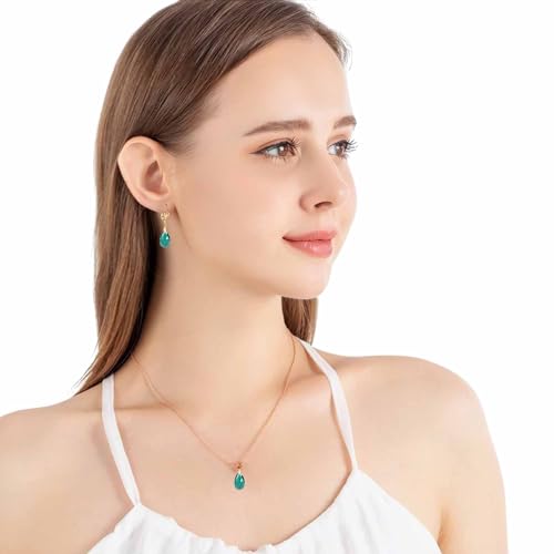 Austrian Crystals Teardrop Pendant Necklace Earrings for Women 14K Gold Plated Hypoallergenic Leverback Drop Dangle Earrings Jewelry Set - color: Emerald