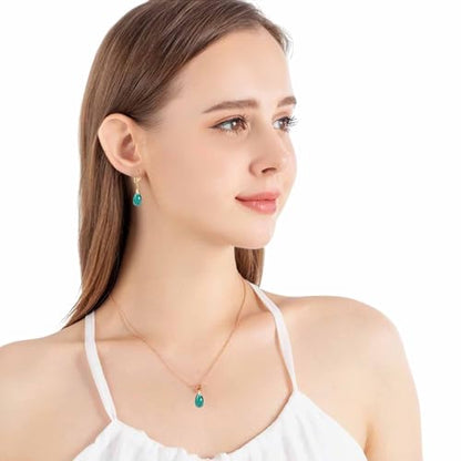 Austrian Crystals Teardrop Pendant Necklace Earrings for Women 14K Gold Plated Hypoallergenic Leverback Drop Dangle Earrings Jewelry Set - color: Emerald