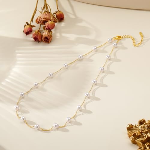 Ritach Pearl Necklaces for Women - Real Gold Plated Dainty Pearl Necklace Daisy Round Drop Pearl Choker Necklace Layered Gold Necklace for Women Teen Girls Bridesmaid Wedding Birthday Gifts - style: Gold-Satellite Pearl