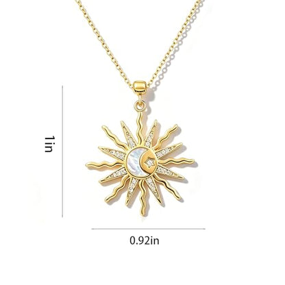 Gold Sun Moon Necklace for Women Crystal Sunburst Star Pendant Necklace Non Tarnish Trendy Elegant Jewelry Accessories